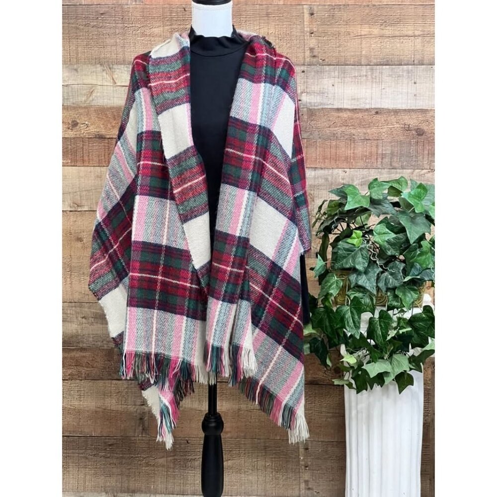 Nicole Marciano Tan Red Green Plaid Fringed Blanket Scarf